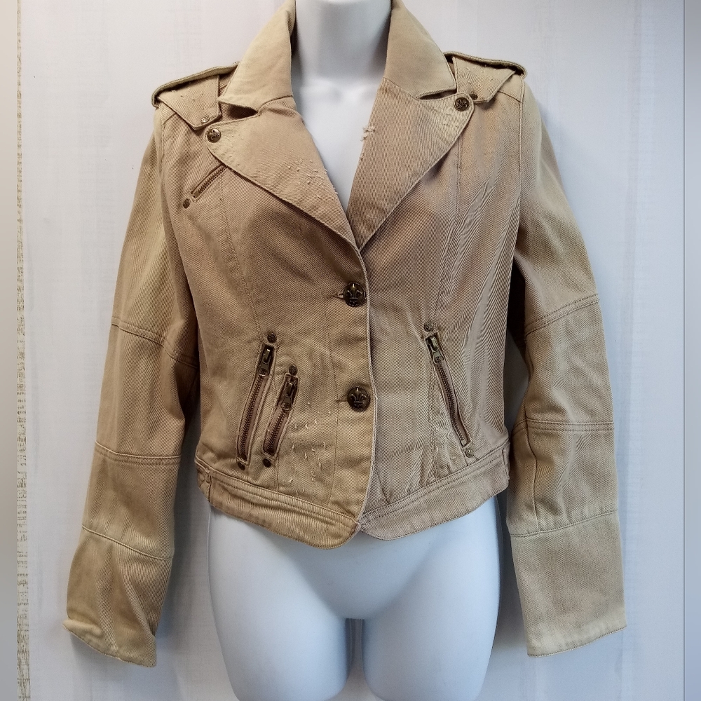 Zoompy Women's Distressed Ripped Denim Jean Jacket Khaki Tan Size L